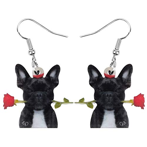 Bonsny Acrylic Valentine's Day Black French Bulldog Dog Rose Earrings Drop Dangle Jewelry For Women Gift Charms