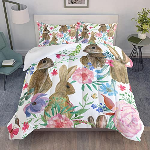 BSNTHO Rabbit Comforter Set for Girls Kids Cute Bunny Bedding Set Hare Floral Bed Set 3 Pcs Twin Size 1 Comforter + 2 Pillow Cases Animal Bedroom Decor