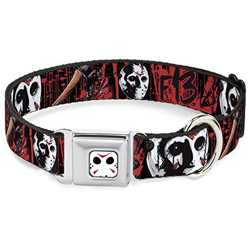 Buckle-Down Dog Collar Seatbelt Buckle Friday The 13th Jason Mask4 Axe Blood Splatter Black Red 16 to 23 Inches 1.5 Inch Wide, (DC-SB-FRIA-WFRI001-1.5-M)