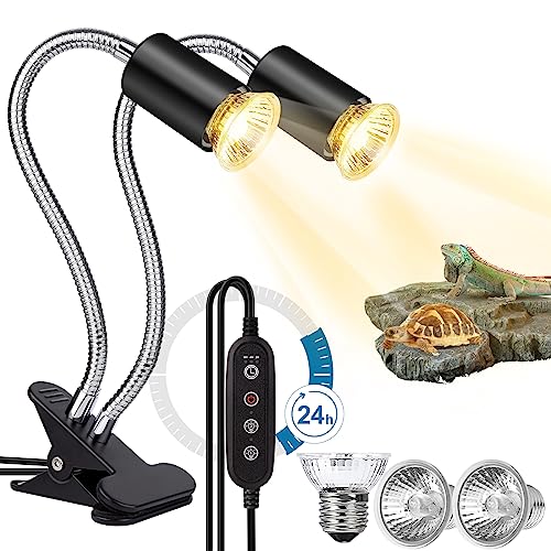 Buddypuppy Reptile Heat Lamp, Double-Head Reptile Light Timer, UVA UVB Reptile Light with Clamp for Tortoise, Leopard Gecko, Bearded Dragon, Lizards and More, E26/27 Base with 3 Bulbs
