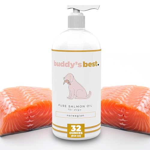 Buddy's Best, Salmon Oil for Dogs - 100% Pure Norwegian Virtually Odorless Fish Oil - Omega-3 Supplements for Dogs & Cats - Promotes Healthy Skin and Coat - Dog Food Oil in Pump Bottle (32 oz)