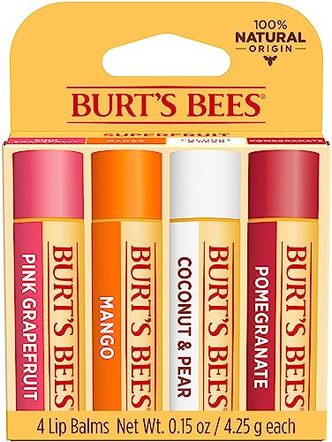 Burt's Bees Lip Balm Stocking Stuffers, Moisturizing Lip Care Christmas Gifts, SuperFruit - Pomegranate, Coconut & Pear, Mango, Pink Grapefruit, 100% Natural (4-Pack)