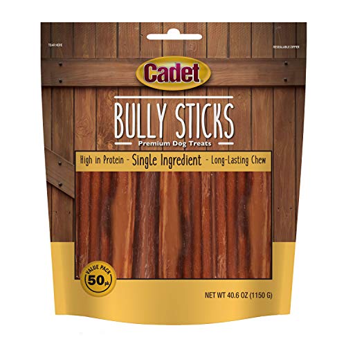 Cadet Bully Sticks for Dogs - All-Natural, Long-Lasting Grain-Free Dog Chews - Bully Sticks for Small, Medium, and Large Dogs - Dog Treats for Aggressive Chewers, Value Pack (50 Count)