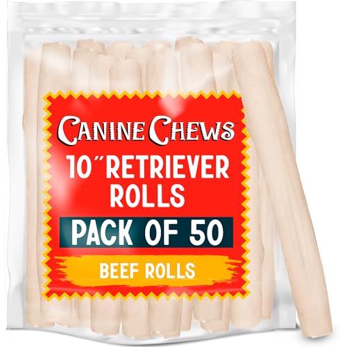 Canine Chews 10" Dog Rawhide Retriever Rolls - Rawhide Bones for Large Dogs (50 pk) - Natural Beef Dog Rawhide Chews - Single Ingredient Dog Rawhide Bones - Large Rawhide Bones for Dogs Dental Chew