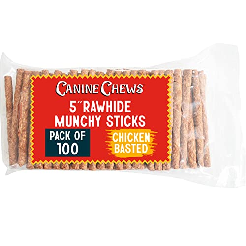 Canine Chews 5" Munchy Rawhide Sticks for Small Dogs Munchy Dog Snack Sticks 100 Pack (Chicken)