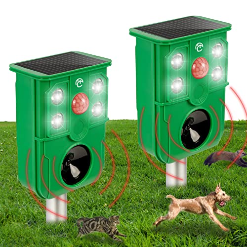 Careland Cat Repellent Outdoor Solar Ultrasonic Deer Repeller Squirrel Deterrent with Bright LED Strobe Lights Get Rid of Bat Bird Dog Skunk Raccoon Rabbit Rodent Repellent for Garden Yard Farm 2 Pack