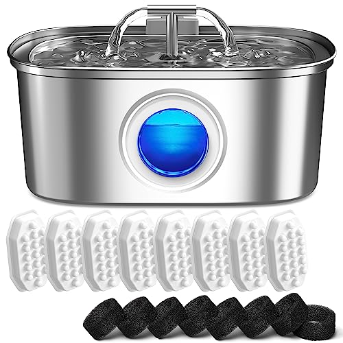 Cat Water Fountain Stainless Steel: 108oz/3.2L Automatic Pet Water Fountain - Dog Water Dispenser with Water Level Window - for Cats Inside with 8 Replacement Filters