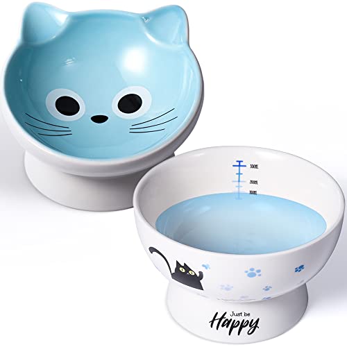 Ceramic Cat Bowls Set of 2 Raised Cat Food Bowls for Indoor Cats Elevated Cat Bowls 15° Tilted Protect Spine, Stress Free, Prevent Vomiting, Cute Cat Food and Water Dishes, Blue