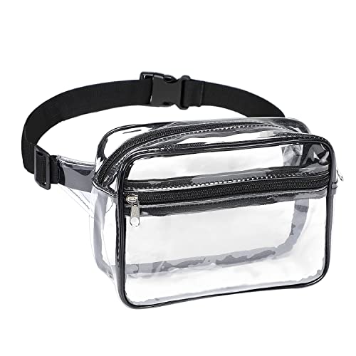 Clear Fanny Pack Stadium Approved, Waterproof Fanny Pack for Women Men, Fashion Mini Belt Bag Transparent Waist Bag with Adjustable Strap for Sporting Event Concerts Travel Beach(Black)