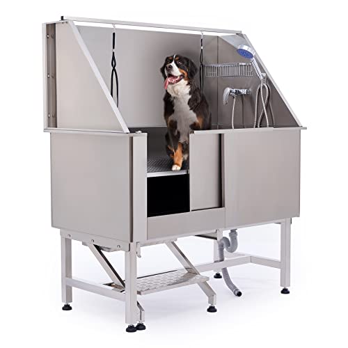 CO-Z 50" Dog Washing Grooming Station for Home, Professional Stainless Steel Pet Dog Bathtub for Large Dogs, Dog Shower Tub, Dog Wash Sink, Pet Bathing Station with Sprayer Stairs 260 lb. Capacity