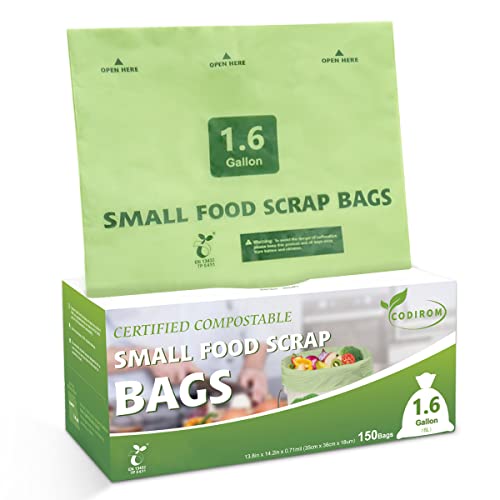 Codirom 100% Compostable Trash Bags, 1.6 Gallon, 6 Liter, 150 Count Samll Kitchen Food Scrap Waste Bags for Countertop Bin with Europe EN13432 Certified