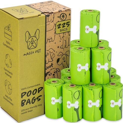 Compostable Dog Poop Bags 225 Pack – Dispenser Refill Thick, Leakproof Dog Poop Bags – Large Easy to Open and Tear No Odor Doggie Pet Waste Bags Made from Cornstarch – 6.9 x 4.1 x 2.8 Inches,