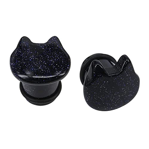 Cute Cat Natural Organic Stone Ear Plug Single Flare Ear Tunnel Gauge Stretcher Ear Expander Piercing 2g-5/8 (Blue Sandstone, Gauge=00g(10mm))