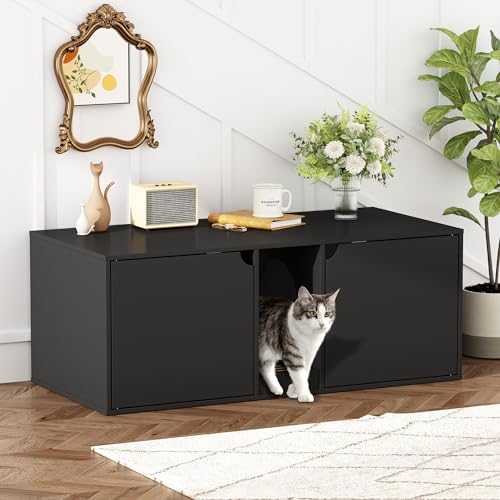 DAWNSPACES Cat Litter Box Enclosure for 2 Cats, Modern Wooden Stackable Large Cat Washroom Storage Cabinet Bench End Table Furniture, W/Removable Litter Box, Black