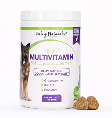 Deley Naturals 15 in 1 Dog Multivitamin Treats - 120 Grain Free Soft Chews - -Immune System, Skin & Coat, Joint Support & Digestion - Vitamins for Dogs of All Ages - Made in USA - Chicken Flavor