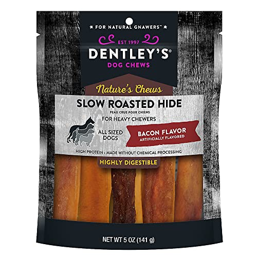 Dently Nature`s Chews Slow Roasted Hide Bacon Flavor for Heavy Chewers 5 oz Bag / Plus 1-Doggie Waste Roll