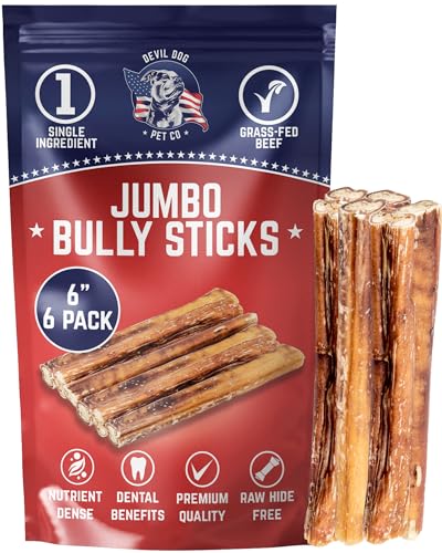 Devil Dog Pet Co Premium Bully Sticks for Dogs Pizzle Dog Chews - from 100% Grass-Fed, Free-Range Cattle - USA Veteran Owned (Jumbo, 6 Inch - 6 Pack)