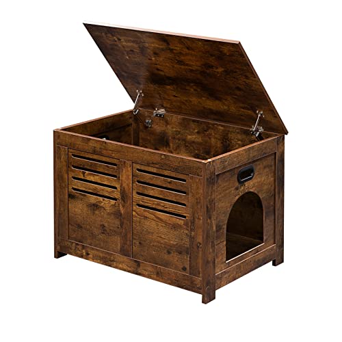 DINZI LVJ Litter Box Furniture, Flip Top Hidden, Washroom with Louvered Window, Entrance Can Be on Left/Right Side, Enclosed Litter House Side Table for Most of Cat and Litter Box, Rustic Brown