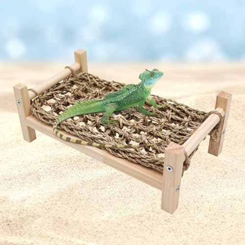 Dnoifne Reptile Hammock Swing Hanging Bed, Wooden Lizard Bed, Reptile Summer Bed for Bearded Dragon Leopard Gecko Lizard (Small)