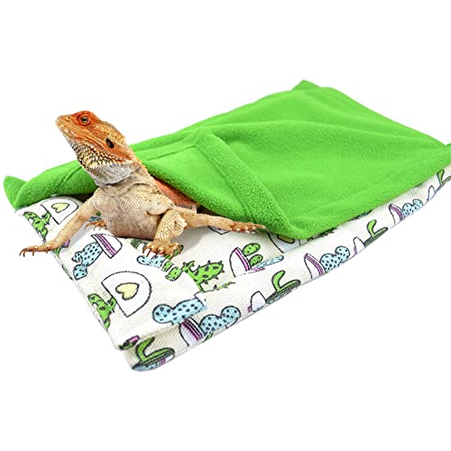 Dnoifne Reptile Sleeping Bag, Reptile Pets' Sleeping Bag Set with Pillow and Blanket, Hideout Habitat with Soft Warm for Bearded Dragon Leopard Gecko Lizard (Green Blanket)