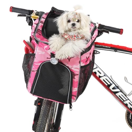 Dog Bike Basket,Soft-Sided Ventilated Dog Bike Carrier Backpack,Foldable,Mesh Window,with Safety Strap,Quick Release Dog Bike Seat,with Reflective Lines,Bicycle Pet Carrier for Small Dog/Cat Puppies