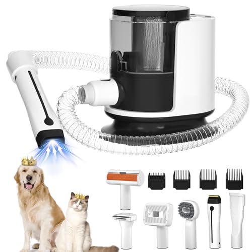 Dog Grooming Vacuum Kit for Pet Dog Cat Shedding, 6 Dog Grooming Vacuum Tools Pet Hair Grooming Clipper Trimming Brush Comb, Low Noise Vacuum Cleaner with 1.5L Capacity Dust Cup