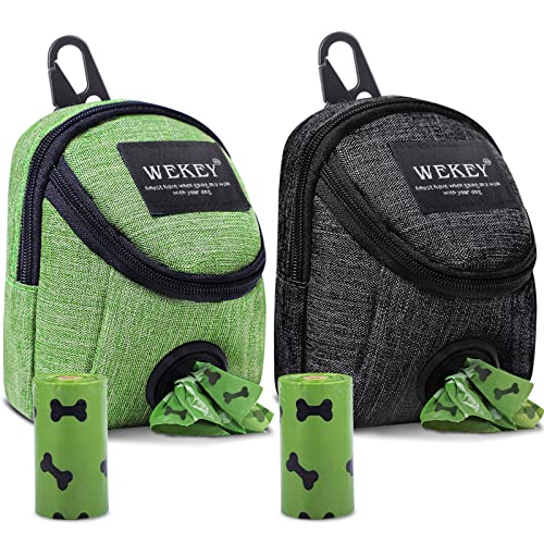 Dog Poop Bag Holder Dispenser for any Leash with 2 Rolls Doggy Poop Bags, Secure Velcro and Carabiner Hook Attachment, Smooth Durable Zipper, Back Front Pouches for Pet Waste Bag (Black+Green, 2)