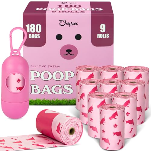 Dog Poop Bags Rolls with Dispenser, Leak Proof, Extra Thick Doggie Pet Waste Bags, 180 Count Poop Bag and Doggy Holder for Dogs Cats, Unscented, Pink