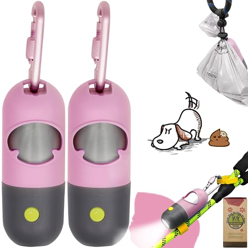 Dog Poop Waste Bags Holder with LED Flashlight|Cute Doggie Poo Bags Dispenser for Pet Leash|Trash Waste Bags Carrier with Potty Bags Clip Fastener LR44 Button Cells Included(2 Pack) (Pink)