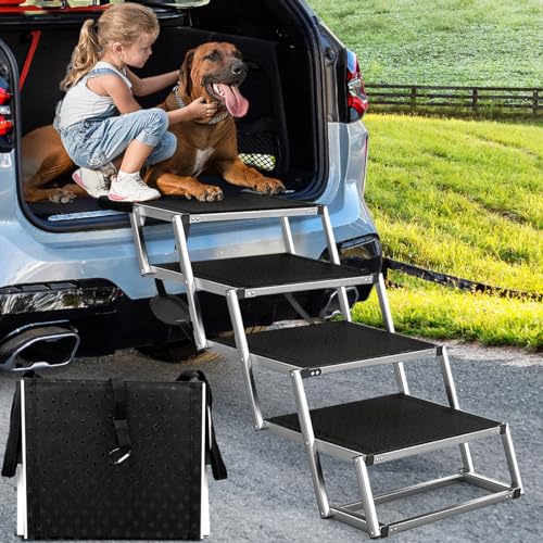 Dog Stair,Dog Ramps for Large Dogs SUV,Dog Ramp for Car,Dog Steps for Cars and SUV,Lightweight Aluminum Foldable Dog Ramp for High Beds, Trucks, Supports Up To150 lbs,4 Steps