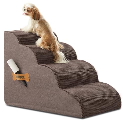 Dog Stairs, Romrol Dog Steps Ramp for High Bed and Couch, Dog Ramp with Durable Non-Slip Waterproof Fabric Cover, Pet Stairs for Small Dogs and Cats or Pets Joints, 4-Tiers,Coffee