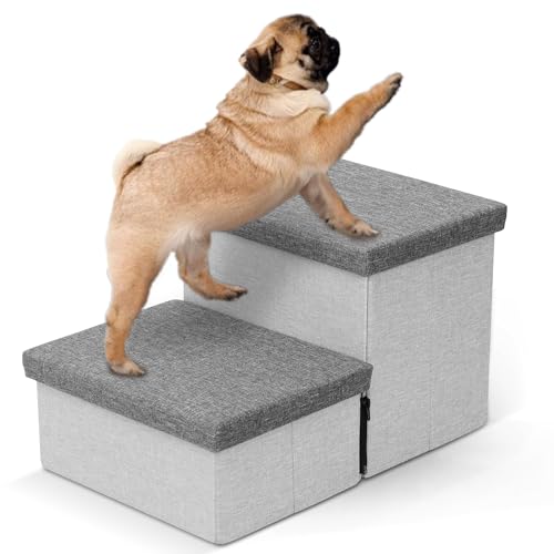 Dog Stairs with Storage, Foldable Dog Steps for Small Dogs, 2 Tiers Non-Slip Pet Stairs for High Beds Or Couch and Sofa, Hold up to 50 lbs Pet Dog Cat