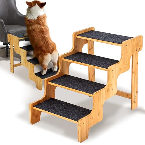 Dog Steps for Large Dog, Bamboo 4 Step Dog Stairs to Bed, Pet Steps Stairs for Medium and Large Dogs up to 200-pounds, Non-Slip Balanced Large Dog Steps for High Bed