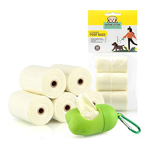 Doodie Flush Dog Poop Bag – 50 Biodegradable Dog Waste Bags on rolls with quick Pet Waste Bag Dispenser Doody Bag Holder for Leash – 100% Eco Friendly, Flushable, Ultra Thick, Compostable Doggie Bags