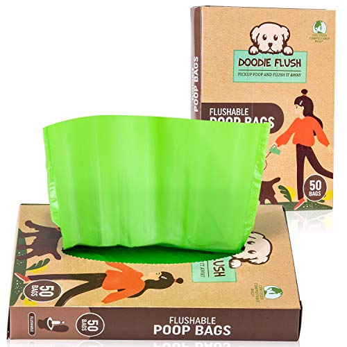 Doodie Flush™ Dog Poop Bag (Box of 50 poop bags for dogs) Flushable 100% Environmentally Friendly Compostable Biodegradable Pet Waste Bags, Extra Thick & Strong, Biodegrades In Seconds with Water