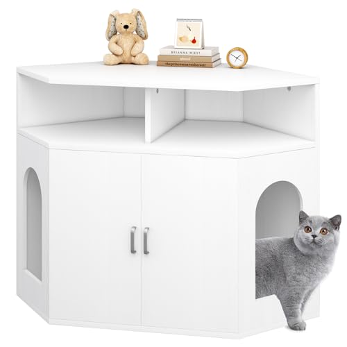 Dosker Corner Cat Litter Box Enclosure Furniture, Hidden Cat Washroom Furniture, Cat Washroom, Cabinet for Large Cat,Cat House with Open Shelf, Living Room, Bedroom, White