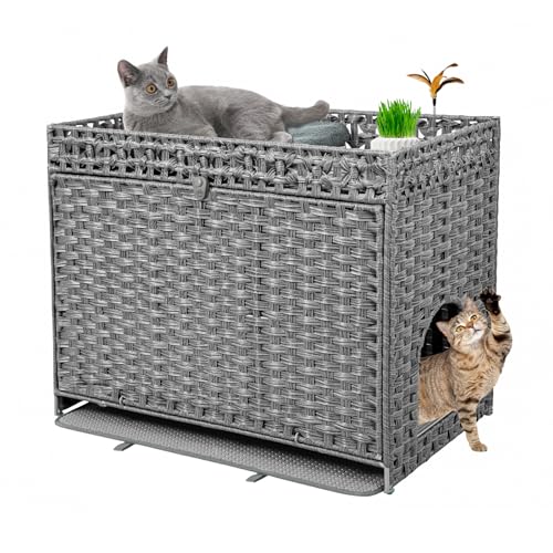 DOVEAID Cat Litter Box Enclosure Furniture Hidden, Pet House Litter Box Furniture for Large Cats, Handwoven Rattan with Door Cat Washroom Box, Indoor Cat House Storage with Soft Litter Mat, Grey