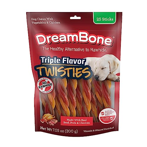Dreambone Triple Flavor Twisties, 25 Count, Rawhide-Free Dog Chews Made with Real Beef, Pork & Chicken