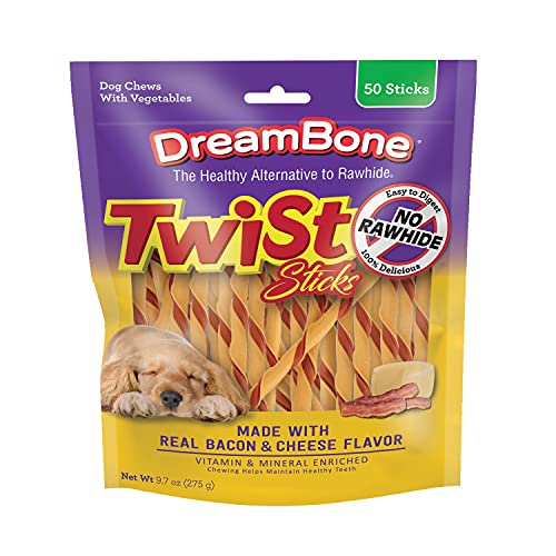 DreamBone Twist Sticks With Real Bacon And Cheese Flavor 50 Count, Rawhide-Free Chews For Dogs