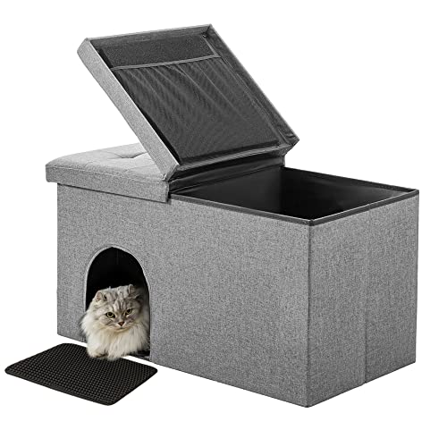 Dr.Futon Cat Litter Box Enclosure Hidden Furniture Ottoman with Lid Dog Proof Cat Litter Box with Litter Mat and Odor Control Filter