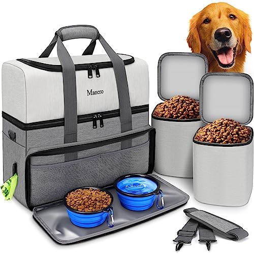 Dual Layers Dog Travel Bag, Pet Travel Bags with 2 Extra Large Food Containers, 2 Collapsible Dog Bowls, Multi-Pockets Tote Organizer for Dog Supplies, Dog Road Trip Essentials, Weekend Away, Camping