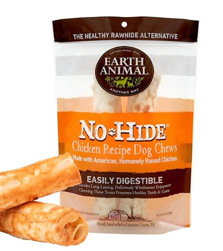 EARTH ANIMAL No Hide Medium Chicken Flavored Natural Rawhide Free Dog Chews Long Lasting Dog Chew Sticks | Dog Treats for Large Dogs | Great Dog Chews for Aggressive Chewers (1 Pack)