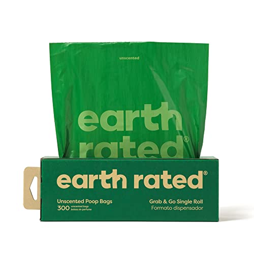 Earth Rated Dog Poop Bags, New Look, Thick Grab and Go Single Roll, Ideal for Backyard Pickups, Unscented, 300 Bags