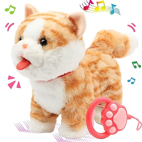 Easfan 13’’ Walking Kitty Electric Interactive Talking Musical Cat Plush Toy with Remote Control Leash Meowing Tail Wagging Christmas Birthday Gift for Kids Toddlers,Orange