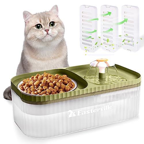 Easterville Cat Water Fountain and Food Bowl, Ultra Quiet Cat Drinking Fountains with 3 Filters, Pet Water Fountain, 3L/101oz Automatic Flower Fountain Pet Water Dispenser & Stainless Steel Bowl