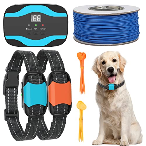 Electric Dog Fence, Wired Pet Containment System 656Ft Electric Fence for Dogs Adjustable Vibration & Rechargeable Underground/Aboveground 2 Waterproof Shock Training Collars Receiver Tone Correction