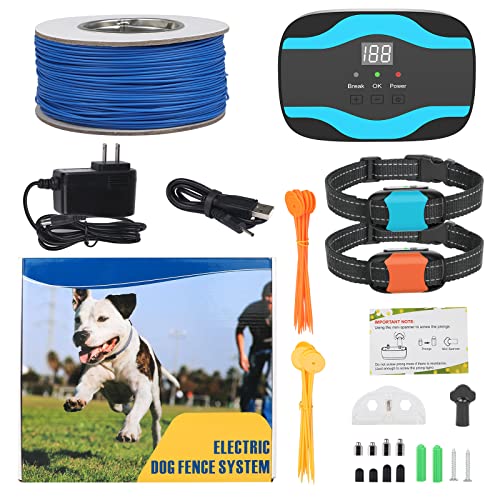 Electric Dog Fence, Wired Pet Containment System 656Ft Electric Fence for Dogs Adjustable Vibration & Rechargeable Underground/Aboveground 2 Waterproof Shock Training Collars Receiver Tone Correction