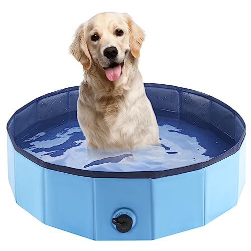 Eooqi Foldable Dog Bath Swimming Pool Plastic Kiddie Pool Professional Tub Collapsible Grooming Bathtub for Pets Kids Baby and Toddler, 32 x 8 Inches Blue