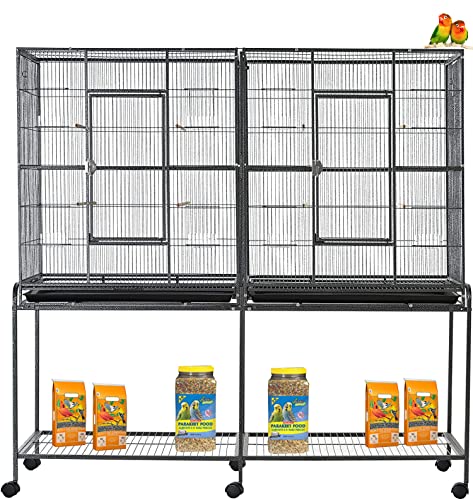 Extra Large Double Flight Bird Wrought Iron Double Cage Slide Out Center Divider Bird Parrot Cage Cockatiel Conure Bird Cage with Stand on Wheels (63" Lx19 Dx64 H, Black Vein)