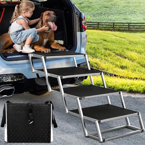 Extra Wide Dog Ramps for Large Dogs,Dog Car Ramp with Non-Slip Surface,Portable Aluminum Foldable Dog Steps,Lightweight Dog Stairs for Cars SUV, High Beds & Trucks, Supports up to 250 lbs, 4 Steps